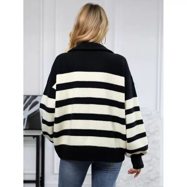 SuperPrity Women Striped Pullover Sweater Quarter Zip Long Sleeve Sweater Tops V Neck Collar Oversized Knit SweatersBlack Stripe