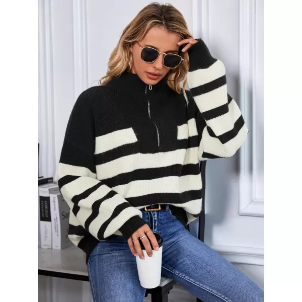 SuperPrity Women Striped Pullover Sweater Quarter Zip Long Sleeve Sweater Tops V Neck Collar Oversized Knit SweatersBlack Stripe