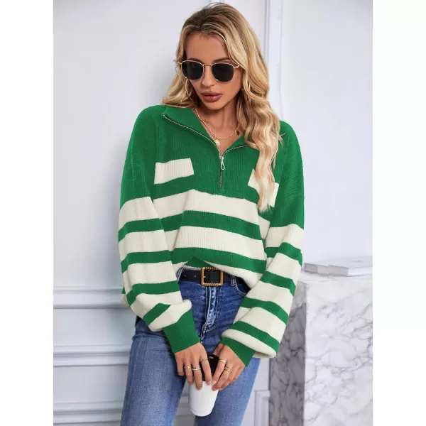 SuperPrity Women Striped Pullover Sweater Quarter Zip Long Sleeve Sweater Tops V Neck Collar Oversized Knit SweatersGreen Stripe