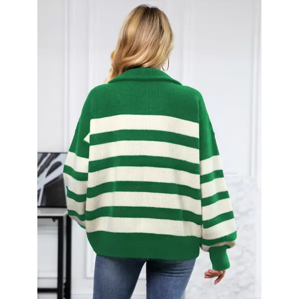 SuperPrity Women Striped Pullover Sweater Quarter Zip Long Sleeve Sweater Tops V Neck Collar Oversized Knit SweatersGreen Stripe