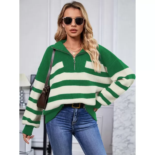 SuperPrity Women Striped Pullover Sweater Quarter Zip Long Sleeve Sweater Tops V Neck Collar Oversized Knit SweatersGreen Stripe