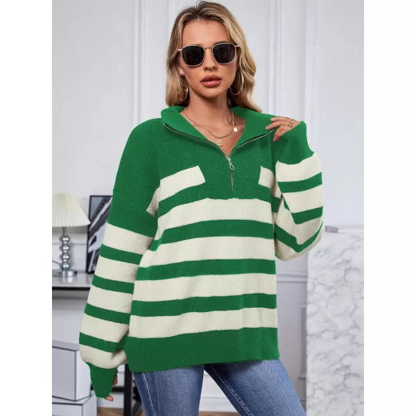 SuperPrity Women Striped Pullover Sweater Quarter Zip Long Sleeve Sweater Tops V Neck Collar Oversized Knit SweatersGreen Stripe