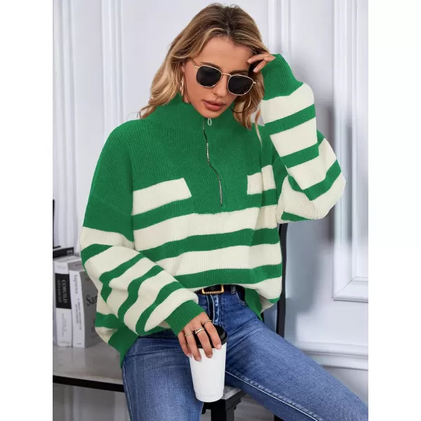 SuperPrity Women Striped Pullover Sweater Quarter Zip Long Sleeve Sweater Tops V Neck Collar Oversized Knit SweatersGreen Stripe