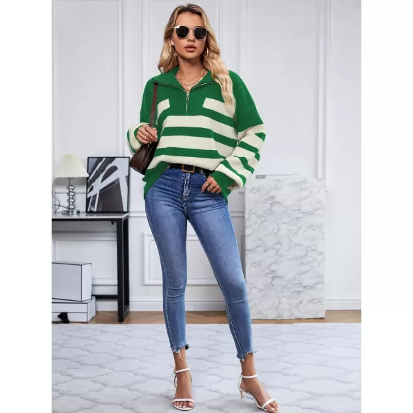 SuperPrity Women Striped Pullover Sweater Quarter Zip Long Sleeve Sweater Tops V Neck Collar Oversized Knit SweatersGreen Stripe