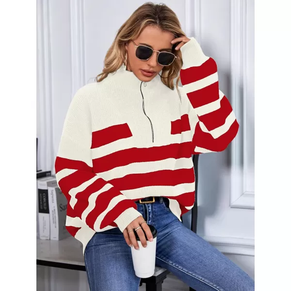 SuperPrity Women Striped Pullover Sweater Quarter Zip Long Sleeve Sweater Tops V Neck Collar Oversized Knit SweatersRed Stripe