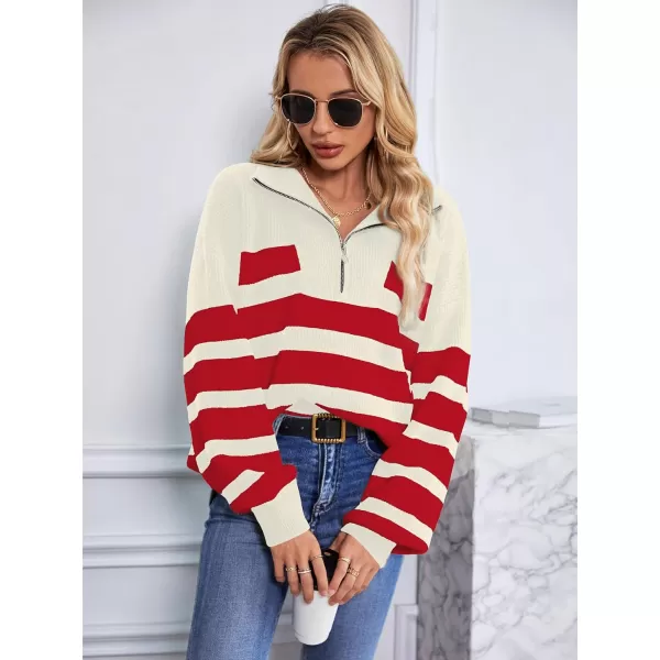 SuperPrity Women Striped Pullover Sweater Quarter Zip Long Sleeve Sweater Tops V Neck Collar Oversized Knit SweatersRed Stripe