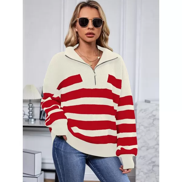 SuperPrity Women Striped Pullover Sweater Quarter Zip Long Sleeve Sweater Tops V Neck Collar Oversized Knit SweatersRed Stripe