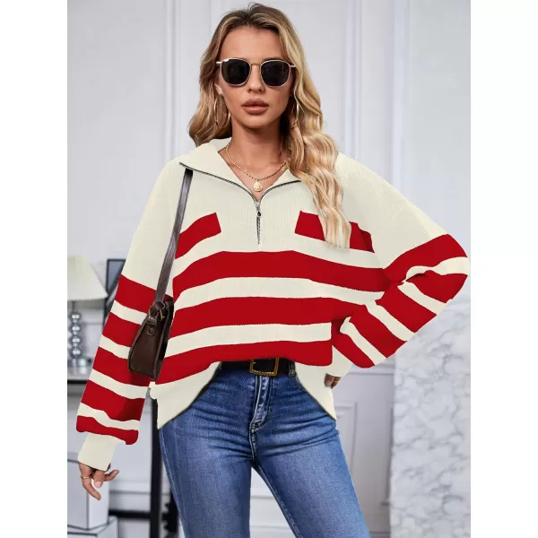 SuperPrity Women Striped Pullover Sweater Quarter Zip Long Sleeve Sweater Tops V Neck Collar Oversized Knit SweatersRed Stripe