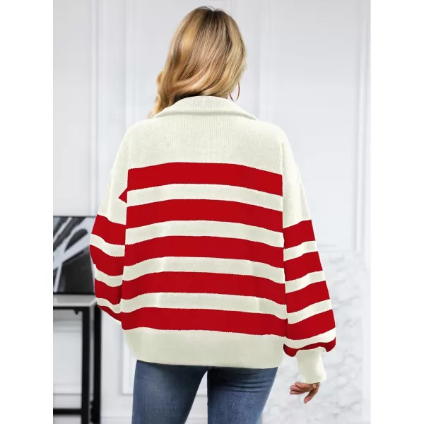 SuperPrity Women Striped Pullover Sweater Quarter Zip Long Sleeve Sweater Tops V Neck Collar Oversized Knit SweatersRed Stripe