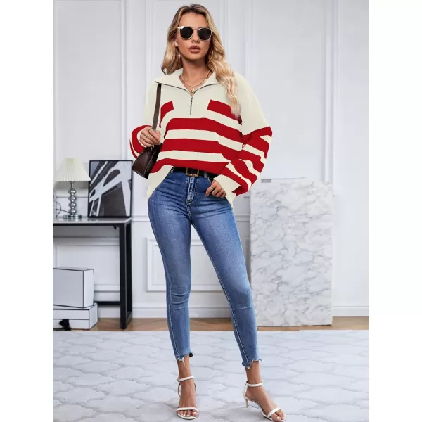 SuperPrity Women Striped Pullover Sweater Quarter Zip Long Sleeve Sweater Tops V Neck Collar Oversized Knit SweatersRed Stripe