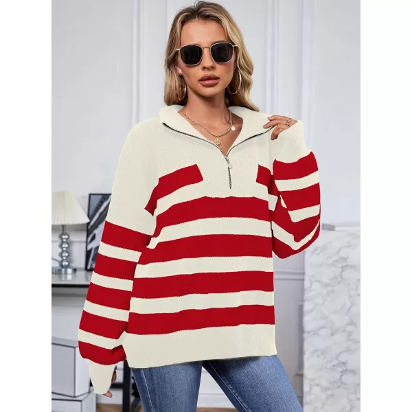 SuperPrity Women Striped Pullover Sweater Quarter Zip Long Sleeve Sweater Tops V Neck Collar Oversized Knit SweatersRed Stripe