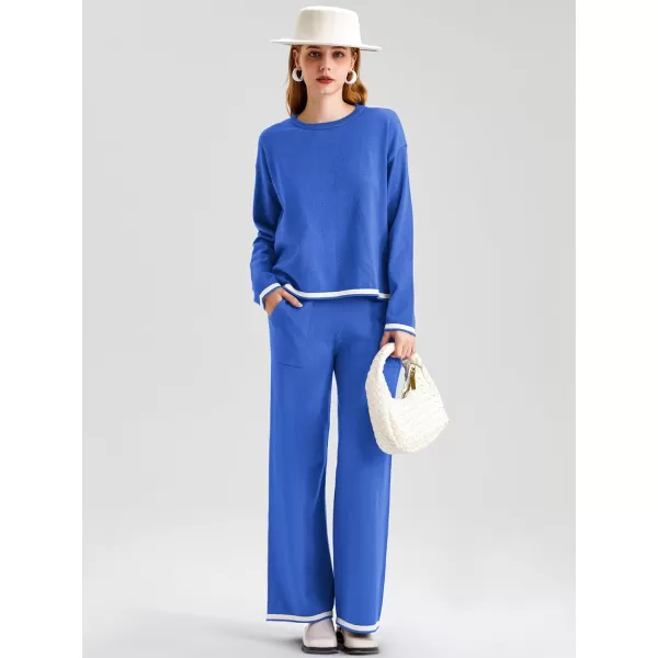 SuperPrity Women Sweater Set 2 or 3 Piece Outfits ShortLong Sleeve Knit Pullover Tops High Waist Wide Leg Pants Lounge SetsThree Piece Long Sleevesapphire Blue3pc