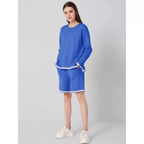 SuperPrity Women Sweater Set 2 or 3 Piece Outfits ShortLong Sleeve Knit Pullover Tops High Waist Wide Leg Pants Lounge SetsThree Piece Long Sleevesapphire Blue3pc