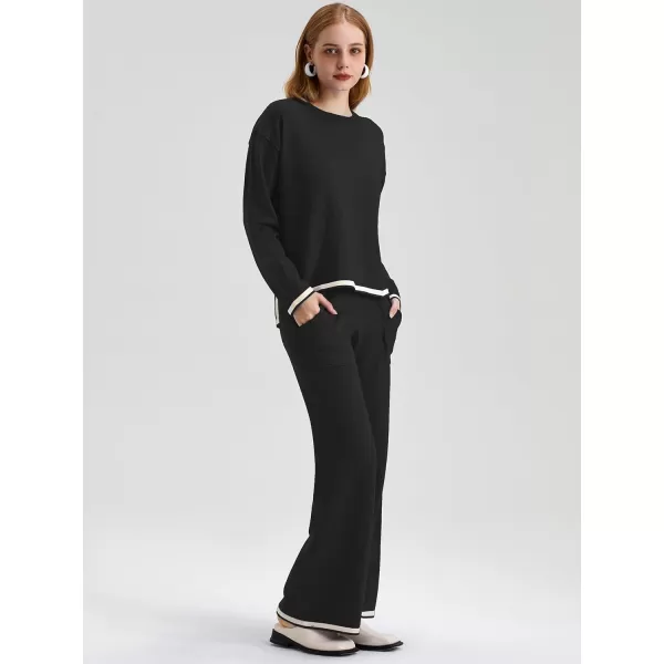 SuperPrity Women Sweater Set 2 or 3 Piece Outfits ShortLong Sleeve Knit Pullover Tops High Waist Wide Leg Pants Lounge SetsTwo Piece Long Sleeve2pcblack