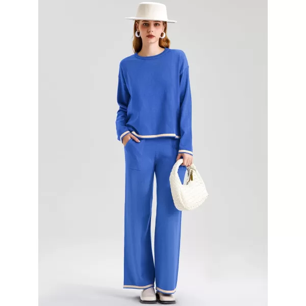 SuperPrity Women Sweater Set 2 or 3 Piece Outfits ShortLong Sleeve Knit Pullover Tops High Waist Wide Leg Pants Lounge SetsTwo Piece Long Sleeve2pcsapphire Blue