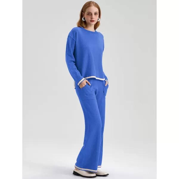 SuperPrity Women Sweater Set 2 or 3 Piece Outfits ShortLong Sleeve Knit Pullover Tops High Waist Wide Leg Pants Lounge SetsTwo Piece Long Sleeve2pcsapphire Blue