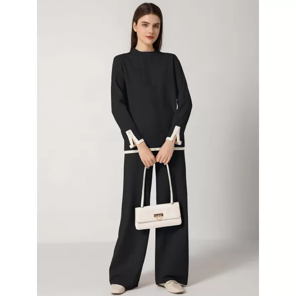 SuperPrity Women Sweater Set 2 or 3 Piece Outfits ShortLong Sleeve Knit Pullover Tops High Waist Wide Leg Pants Lounge SetsTwo Piece Long Sleeve4black