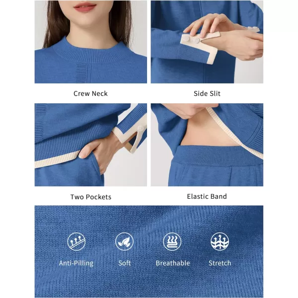 SuperPrity Women Sweater Set 2 or 3 Piece Outfits ShortLong Sleeve Knit Pullover Tops High Waist Wide Leg Pants Lounge SetsTwo Piece Long Sleeve4blue