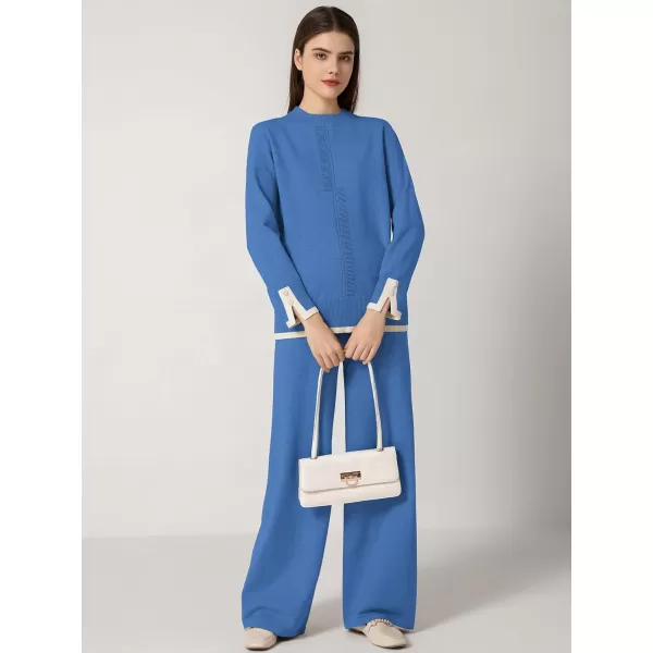 SuperPrity Women Sweater Set 2 or 3 Piece Outfits ShortLong Sleeve Knit Pullover Tops High Waist Wide Leg Pants Lounge SetsTwo Piece Long Sleeve4blue