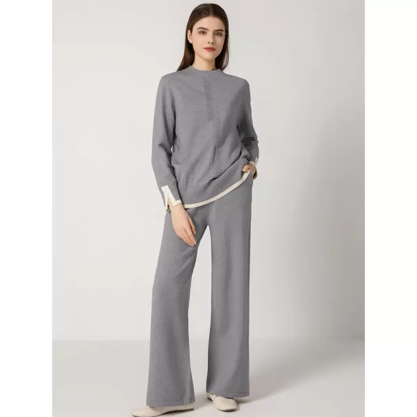 SuperPrity Women Sweater Set 2 or 3 Piece Outfits ShortLong Sleeve Knit Pullover Tops High Waist Wide Leg Pants Lounge SetsTwo Piece Long Sleeve4grey