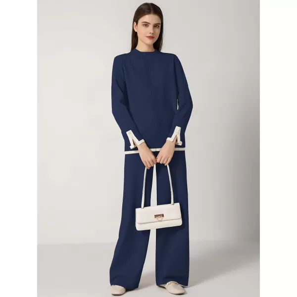 SuperPrity Women Sweater Set 2 or 3 Piece Outfits ShortLong Sleeve Knit Pullover Tops High Waist Wide Leg Pants Lounge SetsTwo Piece Long Sleeve4navy Blue