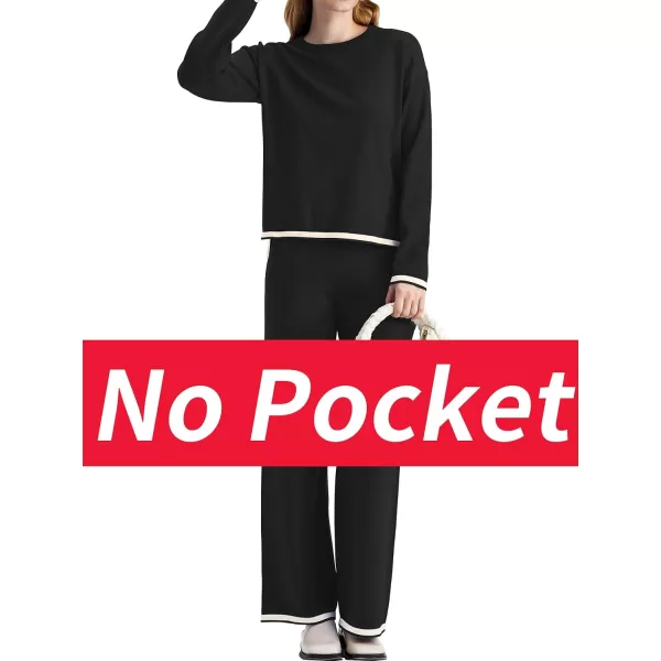 SuperPrity Women Sweater Set 2 or 3 Piece Outfits ShortLong Sleeve Knit Pullover Tops High Waist Wide Leg Pants Lounge SetsTwo Piece Long Sleeve5no Pocketblack