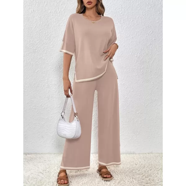 SuperPrity Women Sweater Set 2 or 3 Piece Outfits ShortLong Sleeve Knit Pullover Tops High Waist Wide Leg Pants Lounge SetsTwo Piece Short Sleevekhaki