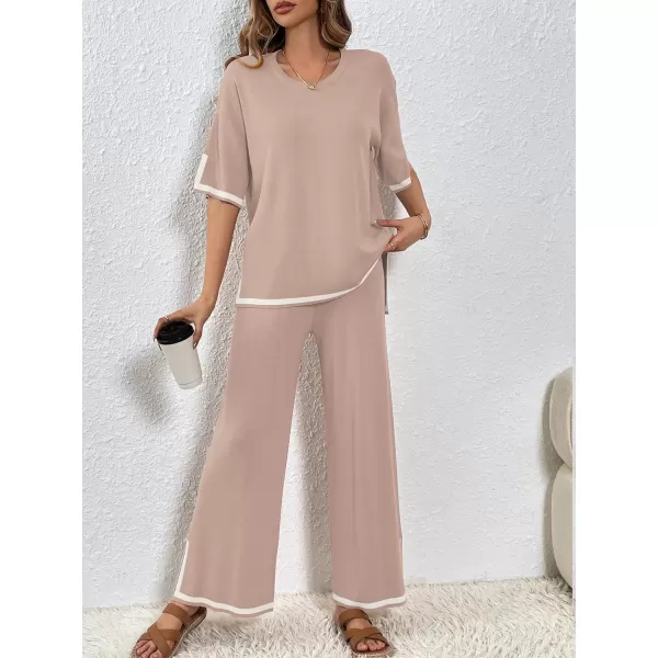 SuperPrity Women Sweater Set 2 or 3 Piece Outfits ShortLong Sleeve Knit Pullover Tops High Waist Wide Leg Pants Lounge SetsTwo Piece Short Sleevekhaki