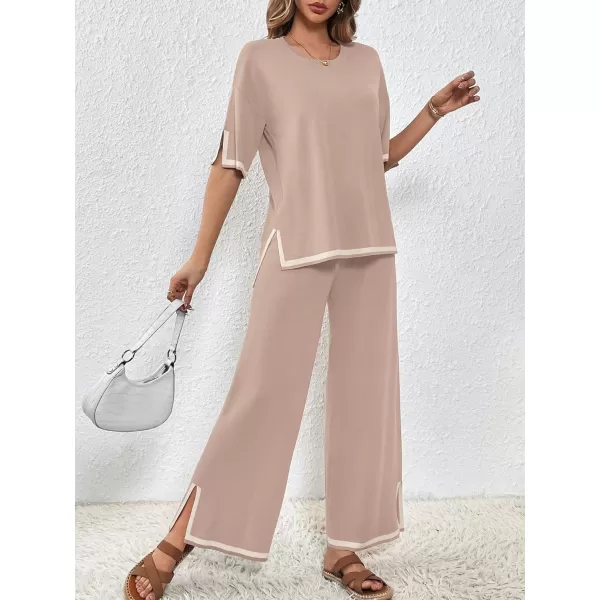 SuperPrity Women Sweater Set 2 or 3 Piece Outfits ShortLong Sleeve Knit Pullover Tops High Waist Wide Leg Pants Lounge SetsTwo Piece Short Sleevekhaki