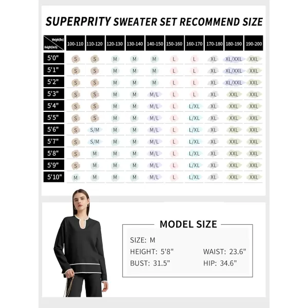 SuperPrity Women Sweater Sets 2 Piece Outfits Notch Neck Long Sleeve Knit Pullover Tops Wide Leg Lounge SetBlack