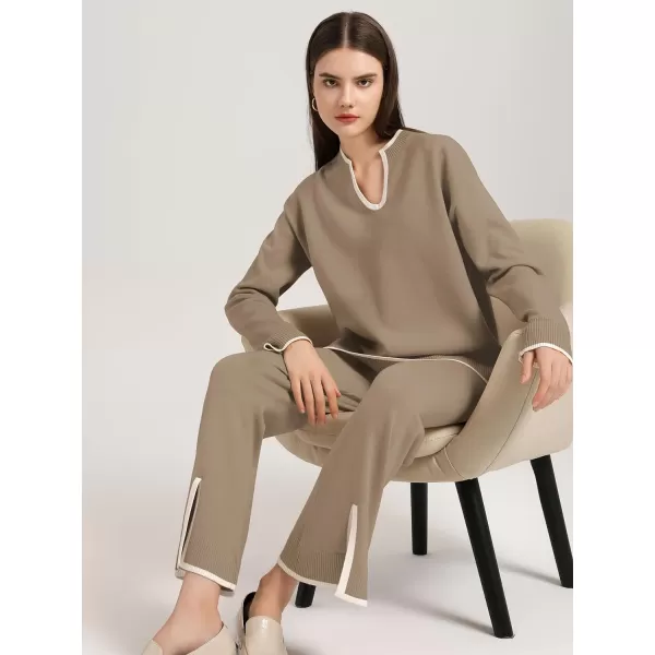 SuperPrity Women Sweater Sets 2 Piece Outfits Notch Neck Long Sleeve Knit Pullover Tops Wide Leg Lounge SetGray Apricot