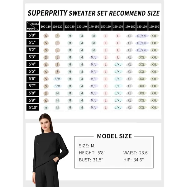 SuperPrity Women Sweater Sets Long Sleeve 2 Piece Outfits Mock Neck Cable Knit Pullover Tops Wide Leg Lounge Set with PocketsBlack