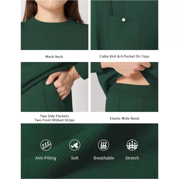 SuperPrity Women Sweater Sets Long Sleeve 2 Piece Outfits Mock Neck Cable Knit Pullover Tops Wide Leg Lounge Set with PocketsDark Green