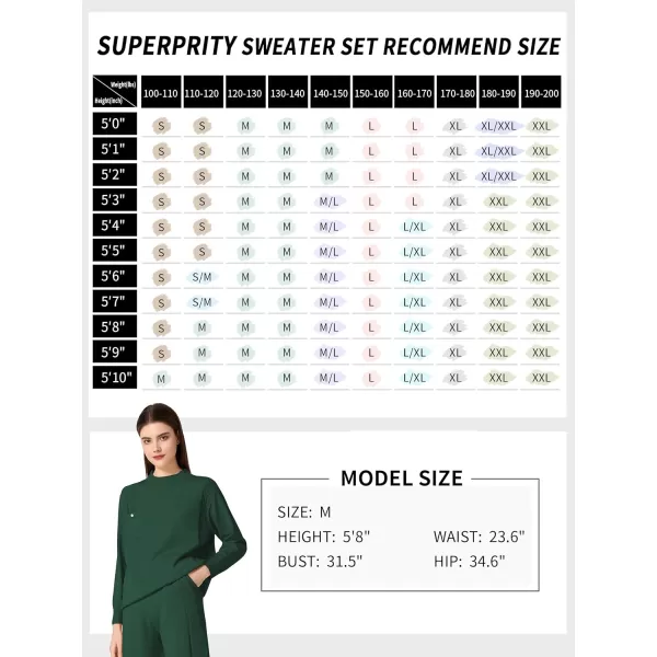 SuperPrity Women Sweater Sets Long Sleeve 2 Piece Outfits Mock Neck Cable Knit Pullover Tops Wide Leg Lounge Set with PocketsDark Green