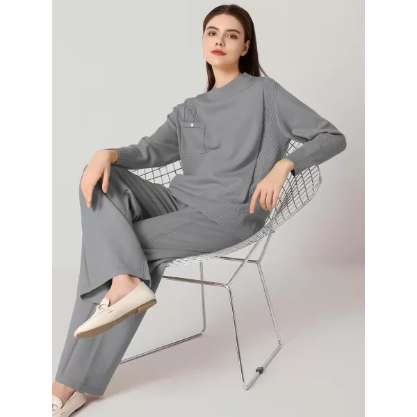 SuperPrity Women Sweater Sets Long Sleeve 2 Piece Outfits Mock Neck Cable Knit Pullover Tops Wide Leg Lounge Set with PocketsGrey