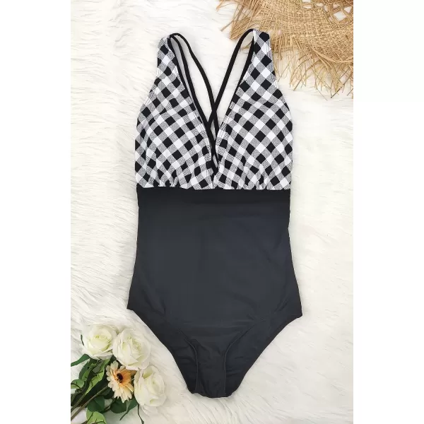 SuperPrity Women V Neck One Piece Swimsuit Criss Cross Back Tummy Control Bathing SuitsBlack Gingham