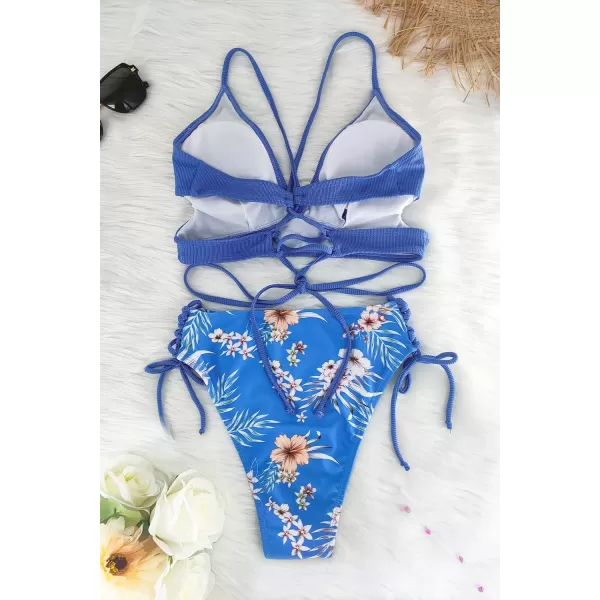 SuperPrity Womens High Waisted Bikini Sets Criss Cross Ruched Two Pieces Push Up Swimsuits01blue Floral