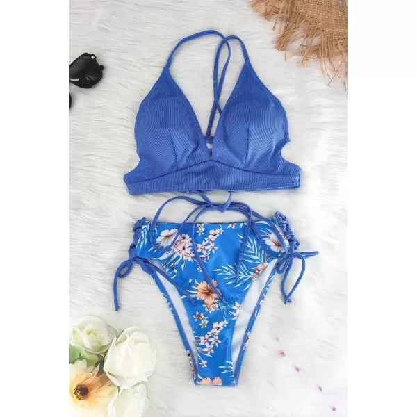 SuperPrity Womens High Waisted Bikini Sets Criss Cross Ruched Two Pieces Push Up Swimsuits01blue Floral