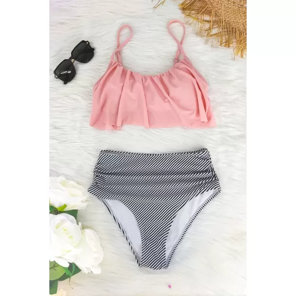 SuperPrity Womens High Waisted Bikini Sets Criss Cross Ruched Two Pieces Push Up Swimsuits03pink Striped