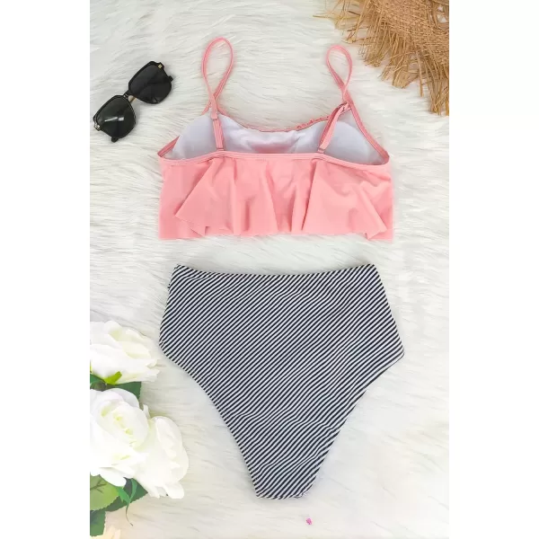 SuperPrity Womens High Waisted Bikini Sets Criss Cross Ruched Two Pieces Push Up Swimsuits03pink Striped