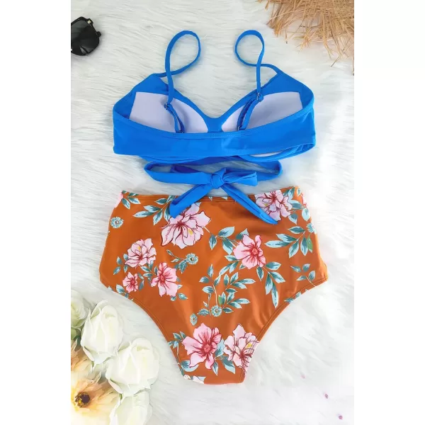 SuperPrity Womens High Waisted Bikini Sets Criss Cross Ruched Two Pieces Push Up Swimsuits04blue Floral