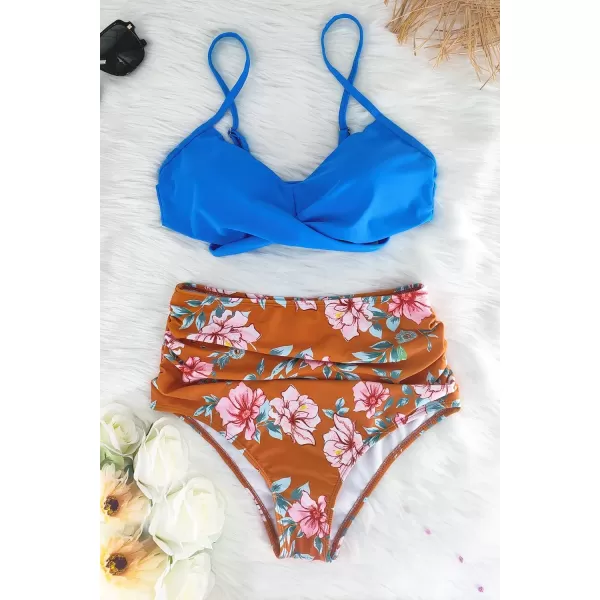 SuperPrity Womens High Waisted Bikini Sets Criss Cross Ruched Two Pieces Push Up Swimsuits04blue Floral