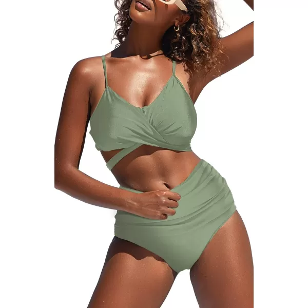 SuperPrity Womens High Waisted Bikini Sets Criss Cross Ruched Two Pieces Push Up SwimsuitsArmy Green