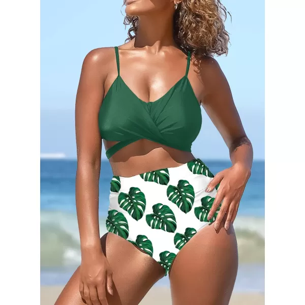 SuperPrity Womens High Waisted Bikini Sets Criss Cross Ruched Two Pieces Push Up SwimsuitsDark Green