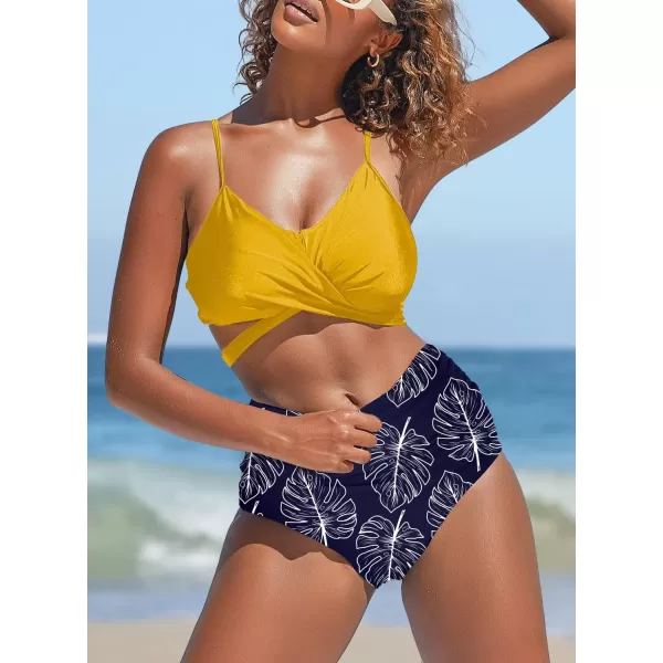 SuperPrity Womens High Waisted Bikini Sets Criss Cross Ruched Two Pieces Push Up SwimsuitsYellow Leaf