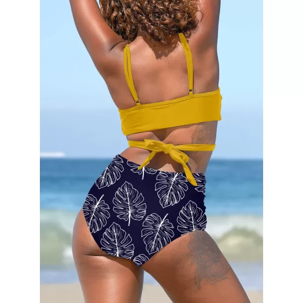 SuperPrity Womens High Waisted Bikini Sets Criss Cross Ruched Two Pieces Push Up SwimsuitsYellow Leaf
