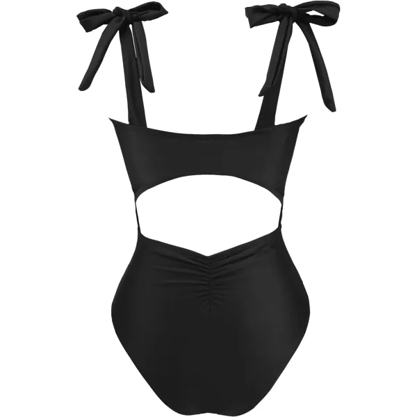 SuperPrity Womens One Piece Swimsuits Button Tie Shoulder Square Neck Cutout Tummy Control Bathing SuitAvailable in PlusBlack