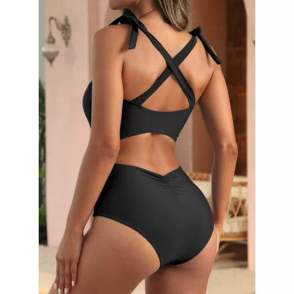 SuperPrity Womens One Piece Swimsuits Button Tie Shoulder Square Neck Cutout Tummy Control Bathing SuitAvailable in PlusBlack