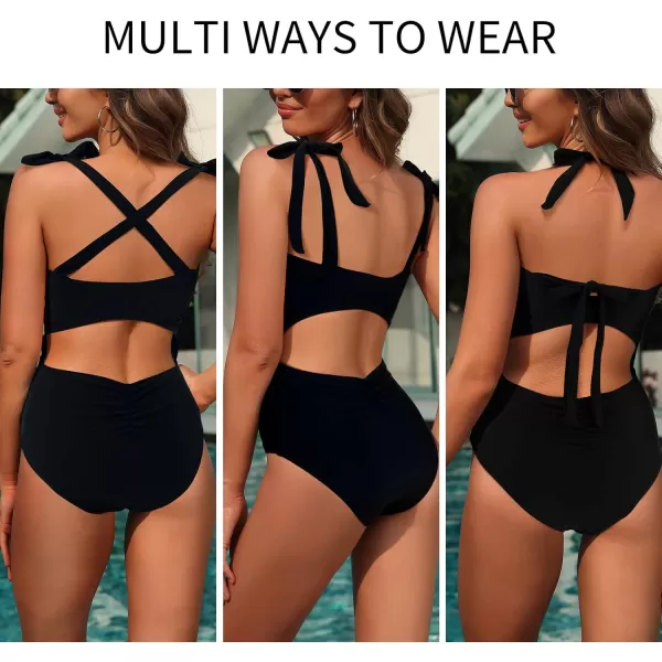 SuperPrity Womens One Piece Swimsuits Button Tie Shoulder Square Neck Cutout Tummy Control Bathing SuitAvailable in PlusBlack