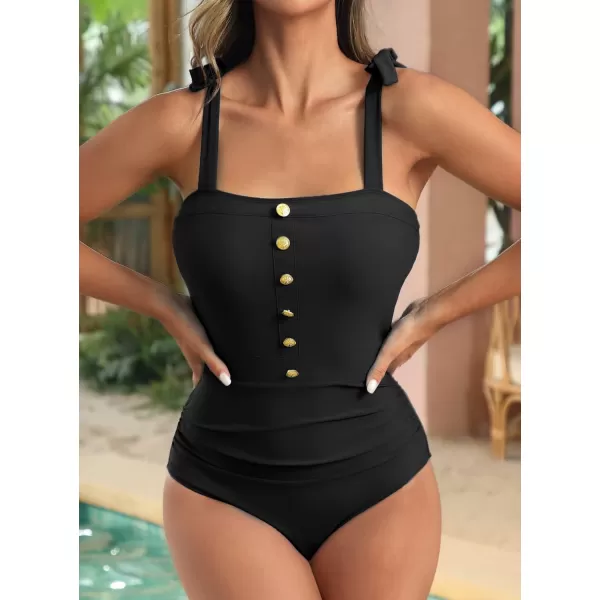 SuperPrity Womens One Piece Swimsuits Button Tie Shoulder Square Neck Cutout Tummy Control Bathing SuitAvailable in PlusBlack